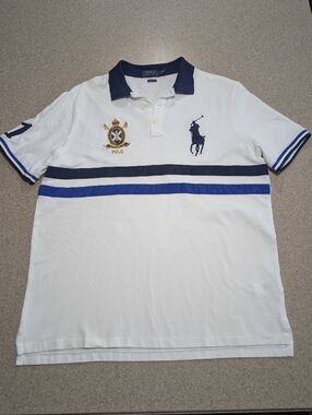 Polo Ralph Lauren Big Pony Crest #1 White Polo w/Blue Contrast L